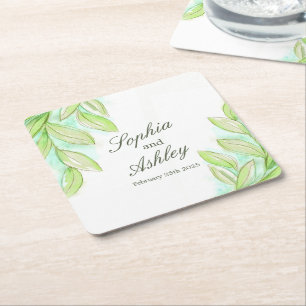 Dessous-de-verre Carré En Papier feuilles d'aquarelle verte mariage dessous de verr