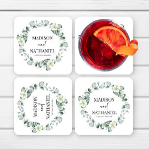 Dessous-de-verre Carré En Papier Feuilles de eucalyptus vert Botanique Mariage verd