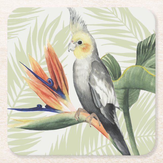 Dessous-de-verre Carré En Papier Feuilles de palmiers à oiseaux noirs (Devant)