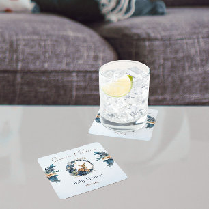 Dessous-de-verre Carré En Papier Feuilles Whimsical Woodland Deer Blue Flowers