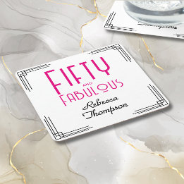 Dessous-de-verre Carré En Papier Fifty and Fabulous Hot Pink Art Deco 50th Birthday