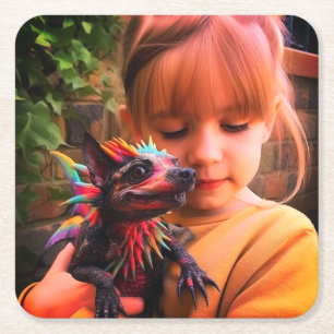 Dessous-de-verre Carré En Papier Fille avec créature