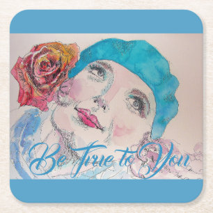 Dessous-de-verre Carré En Papier Fille avec Dessous de verre d'aquarelle de Rose Ro