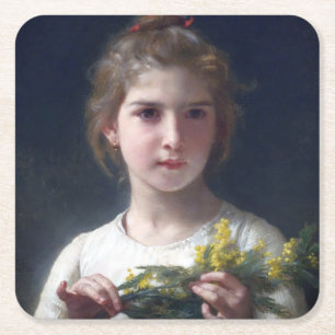Dessous-de-verre Carré En Papier Fille avec Mimosa, Bouguereau