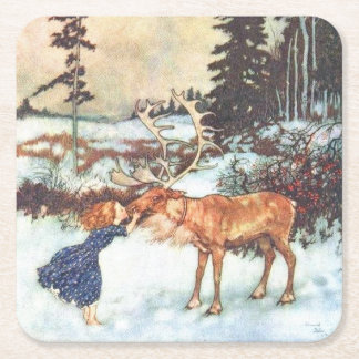 Dessous-de-verre Carré En Papier "Fille dessous de verre de Noël embrassant renne"