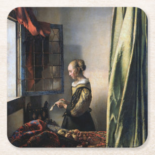 Dessous-de-verre Carré En Papier Fille lisant une lettre à la fenêtre, Vermeer
