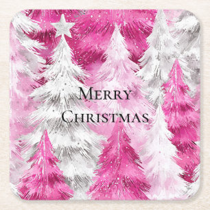 Dessous-de-verre Carré En Papier Fille rose Silver Glam Arbres de Noël Stripes