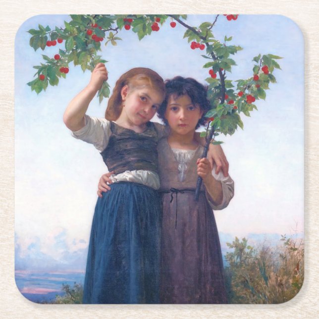 Dessous-de-verre Carré En Papier Filles avec la Branche Cerise, Bouguereau (Devant)