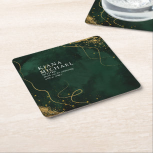 Dessous-de-verre Carré En Papier Fine Lines Gold Abstrait Mariage V1 Emerald ID867