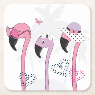 Dessous-de-verre Carré En Papier Flamant rose d'été : Illustration Vintage de plage