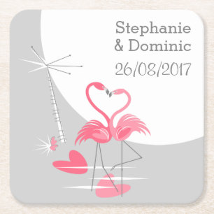 Dessous-de-verre Carré En Papier Flamant rose Love Grand Lune Nom Date dessous de v