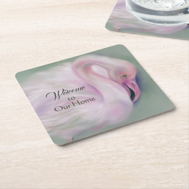 Dessous-de-verre Carré En Papier Flamant rose rose doux Pastel (Incliné)