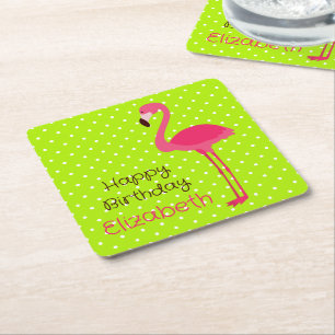Dessous-de-verre Carré En Papier Flamant rose rose tropical sur Pois blancs verts
