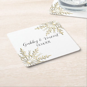 Dessous-de-verre Carré En Papier Flammes de neige d'or sur le mariage d'hiver blanc