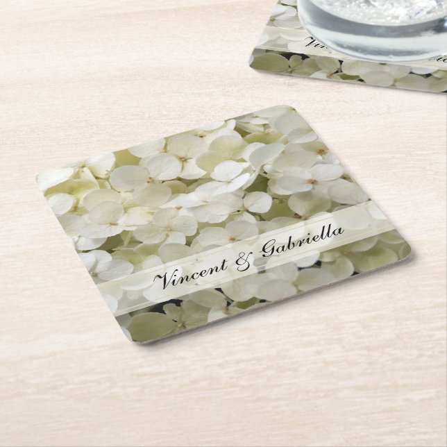 Dessous-de-verre Carré En Papier Fleur de mariage d'hortensia blanc (Incliné)