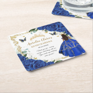 Dessous-de-verre Carré En Papier Fleur de princesse bleu royal en or Quinceañera 15