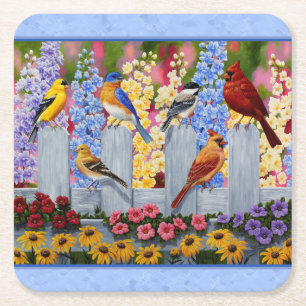 Dessous-de-verre Carré En Papier Fleur d'oiseaux colorée Jardin Bleu