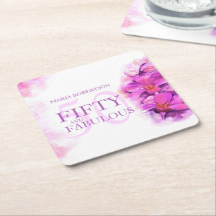 Dessous-de-verre Carré En Papier Fleur d'orchidée aquarelle 50e anniversaire nom pe
