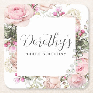 Dessous-de-verre Carré En Papier Fleur rose 100e fête d'anniversaire Personnalisé