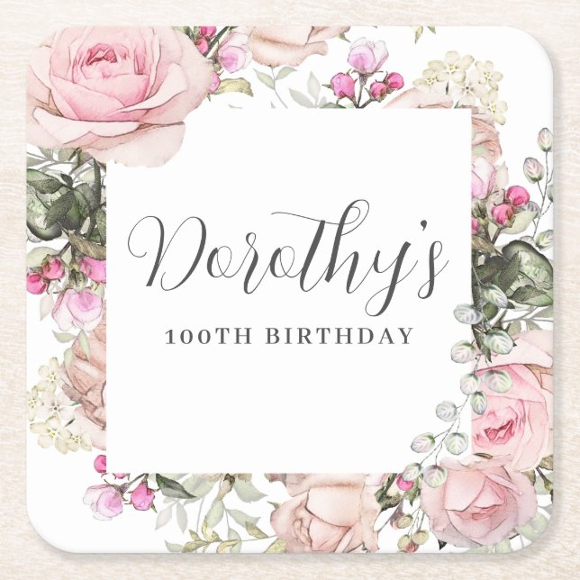 Dessous-de-verre Carré En Papier Fleur rose 100e fête d'anniversaire Personnalisé (Devant)