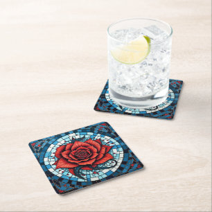 Dessous-de-verre Carré En Papier Fleur Rose en mosaïque blanche rouge