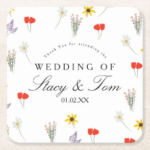 Dessous-de-verre Carré En Papier Fleur sauvage simple main tiré Merci Mariage