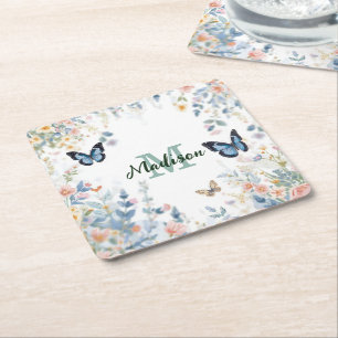 Dessous-de-verre Carré En Papier fleur sauvage verte élégante Boho monogramme en fl