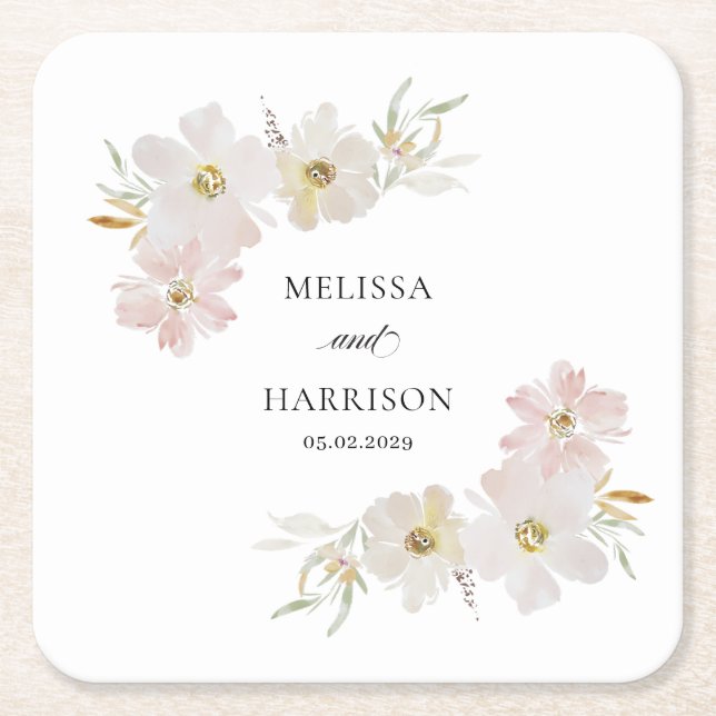 Dessous-de-verre Carré En Papier Fleurs aquarelles crème et blush (Devant)