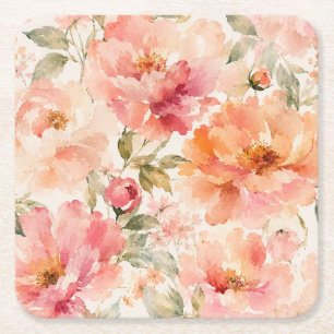 Dessous-de-verre Carré En Papier Fleurs aquarelles romantiques chaudes d'été