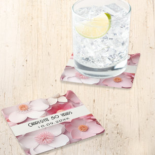 Dessous-de-verre Carré En Papier Fleurs blanches roses nom fête d'anniversaire