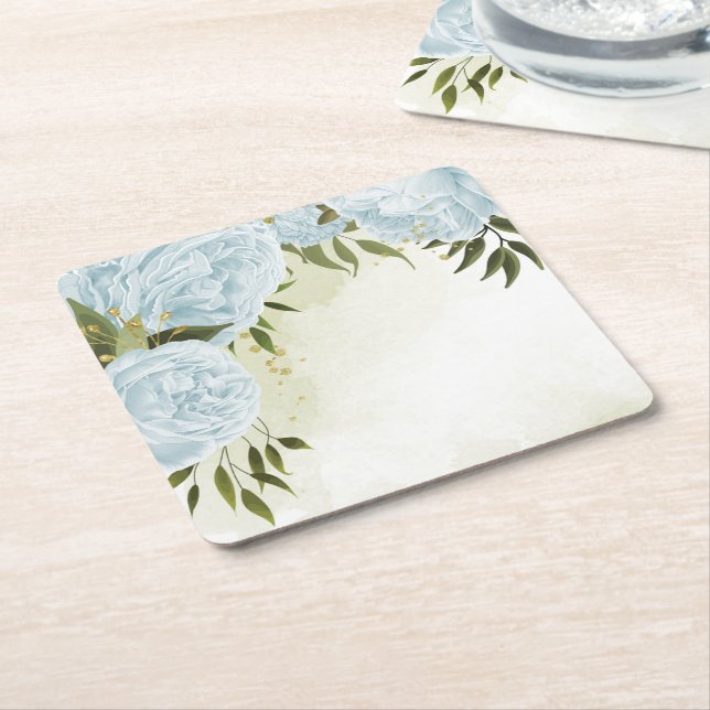 Dessous-de-verre Carré En Papier Fleurs bleues boho feuilles vertes botanique (Incliné)