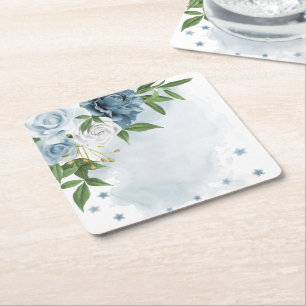 Dessous-de-verre Carré En Papier fleurs bleues et blanches mariage botanique
