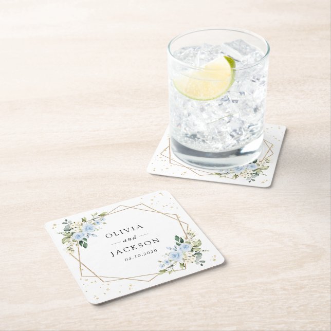 Dessous-de-verre Carré En Papier Fleurs bleues, Fleurs blanches, Verdure, Mariage (En situation)