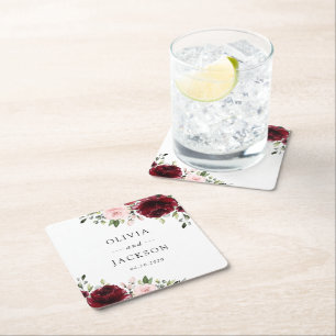 Dessous-de-verre Carré En Papier Fleurs Bourgogne, Fleurs roses, Verdure, Mariage