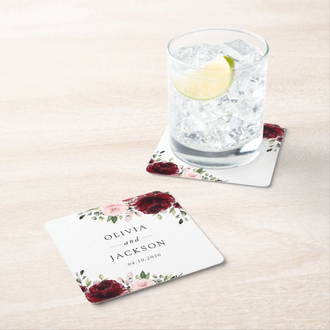 Dessous-de-verre Carré En Papier Fleurs Bourgogne, Fleurs roses, Verdure, Mariage (En situation)