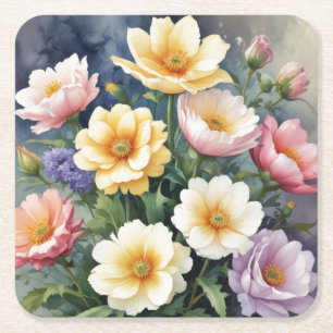 Dessous-de-verre Carré En Papier Fleurs Colorées Peinture élégante à l'aquarelle