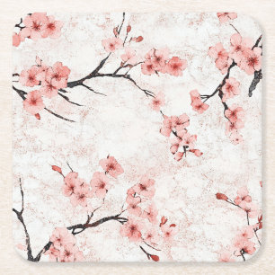 Dessous-de-verre Carré En Papier Fleurs de cerisier roses et blanches sur support p