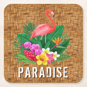 Dessous-de-verre Carré En Papier Fleurs de Flamant rose sur Motif en osier