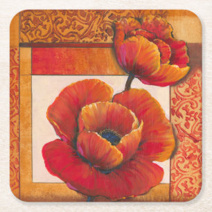 Dessous-de-verre Carré En Papier Fleurs de pavot sur l'arrière - plan bronzage et