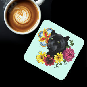 Dessous-de-verre Carré En Papier Fleurs de Portrait Jaguar Noir