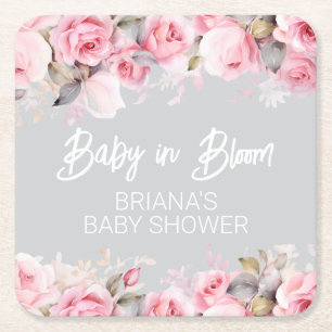 Dessous-de-verre Carré En Papier Fleurs de roses roses gris Fille Baby Shower