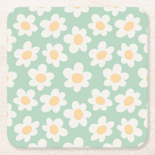 Dessous-de-verre Carré En Papier Fleurs de style rétro sur arrière - plan vert