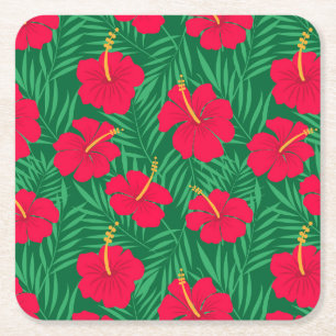Dessous-de-verre Carré En Papier Fleurs d'Hibiscus Rouges sur Feuilles Tropicales V