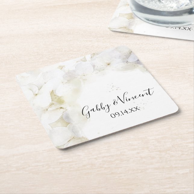 Dessous-de-verre Carré En Papier Fleurs d'hydrangée blanche Mariage d'aquarelle (Incliné)