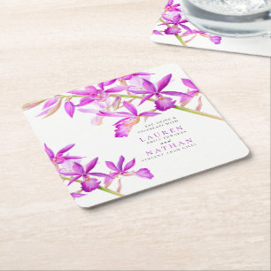 Dessous-de-verre Carré En Papier Fleurs d'orchidées violettes aquarelle mariage bot