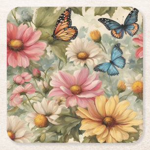 Dessous-de-verre Carré En Papier Fleurs Et Papillons Oeuvre D'Art