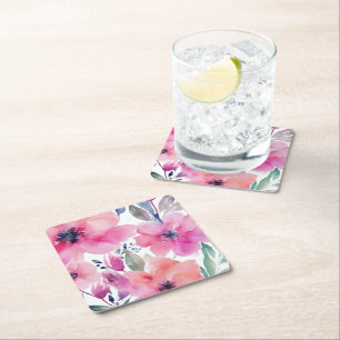 Dessous-de-verre Carré En Papier Fleurs Florales Fleurs Roses Peintes à l'aquarel