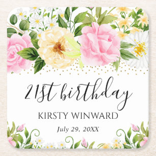 Dessous-de-verre Carré En Papier Fleurs jaunes et roses d'anniversaire à l'aquarell