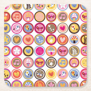 Dessous-de-verre Carré En Papier fleurs mignonnes, oiseaux, motif de coeurs