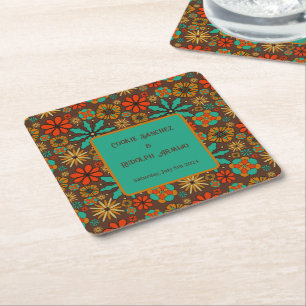Dessous-de-verre Carré En Papier Fleurs Rétro Marron Turquoise Rouge floral groovy 